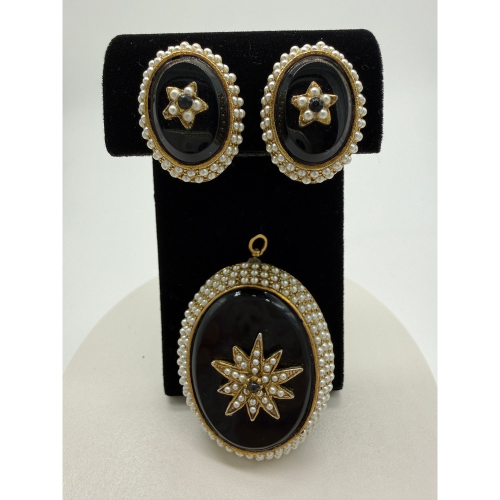 Vintage Victorian Revival Mourning Jewelry Set | Brooch & Clip-On Earrings